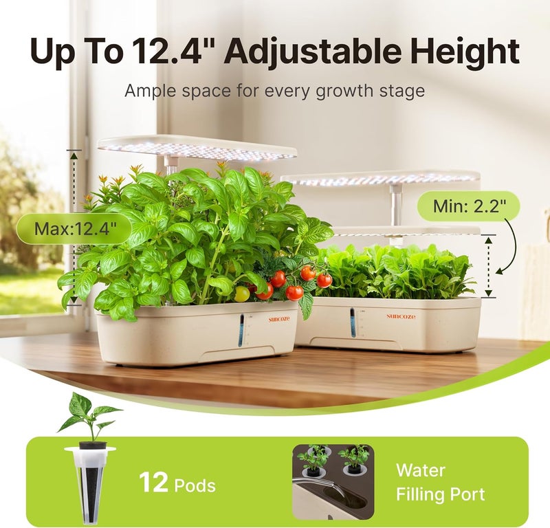 SUNCOZE Hydroponics Growing System Kit 12 Pods, Indoor herb Garden with 20W LED Grow Light, Visible Water Tank with Pump, 2.2"-12.4" Adjustable Height Indoor Gardening System, Gardening Gifts, Beige - Image 5